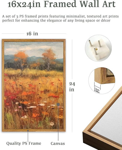 UPWOIGH Large Framed Canvas Wall Art, Set of 3 Gold Vintage Autumn Prints, 16x24 in Natural Cotton Posters with Wildflowers, Botanical Farmhouse Style for Living Room, Bedroom, Dining Room, Office
