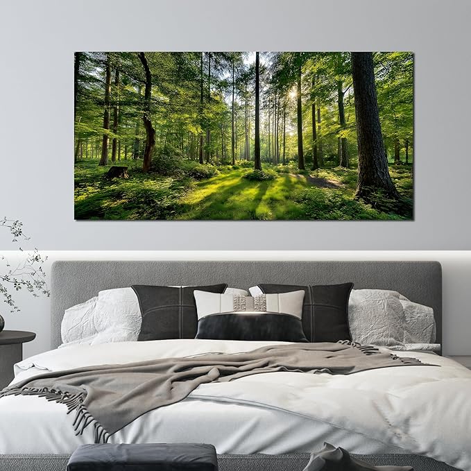 Tarfupth Large Forest Wall Art for Living Room Green Woodland Landscape with Sunlight Modern Nature Wall Decor for Bedroom Office Home Decor 29"x58"