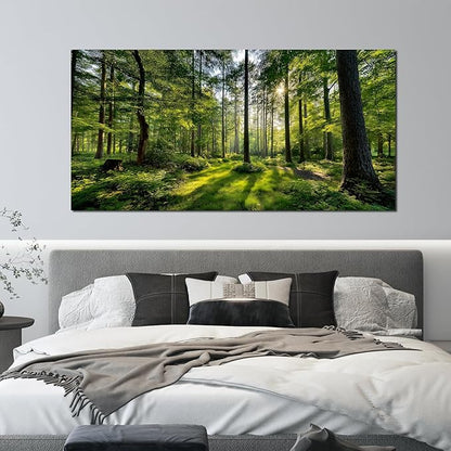 Tarfupth Large Forest Wall Art for Living Room Green Woodland Landscape with Sunlight Modern Nature Wall Decor for Bedroom Office Home Decor 29"x58"