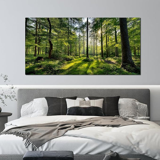 Tarfupth Large Forest Wall Art for Living Room Green Woodland Landscape with Sunlight Modern Nature Wall Decor for Bedroom Office Home Decor 29"x58"
