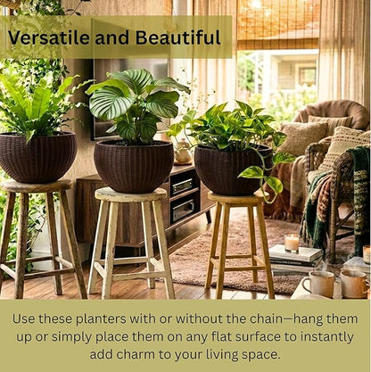 LaLaGreen Hanging Planters for Indoor Plants (11 Inch, 4 Pack) Brown Rattan Style Self-Watering Flower Pots with Water Level Indicator, Round Plastic Baskets with Metal Chain for Balcony, Porch Garden