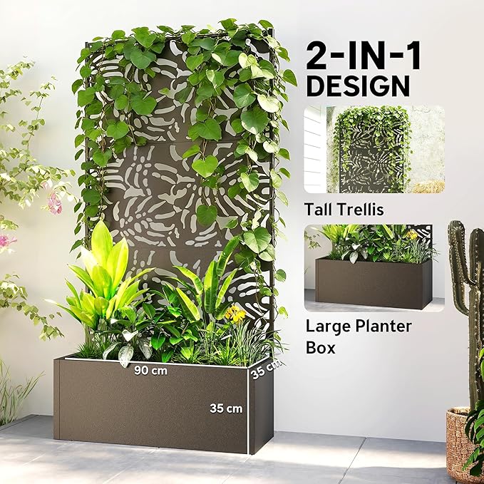 Outsunny Metal Planter Box with Trellis, 71" Tall Raised Garden Bed with Trellis Privacy Screen and Drainage Holes, Banana-Leaf Cut-Out Outdoor Privacy Planter for Climbing Plants, Vegetables, Vines