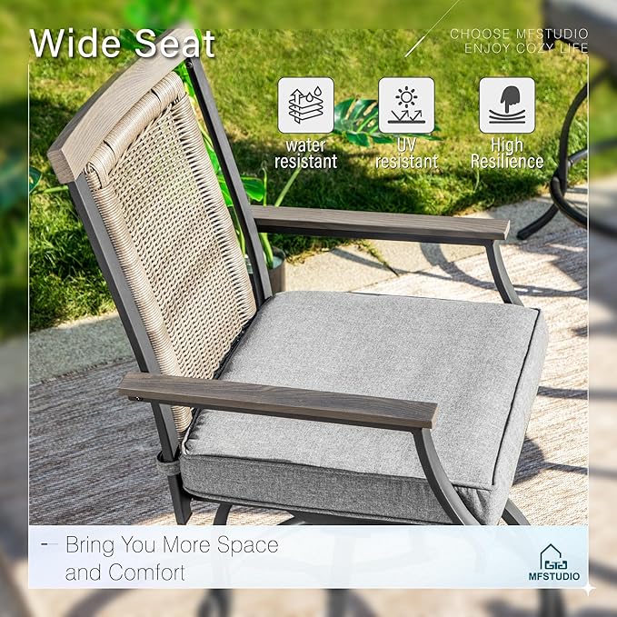 MFSTUDIO Outdoor Counter Height Bar Stool Set of 6, Swivel Rattan Backrest Metal Patio Bar Chair with Armrest and Cushion, All Weather Resistant Wicker Patio Chair, Grey