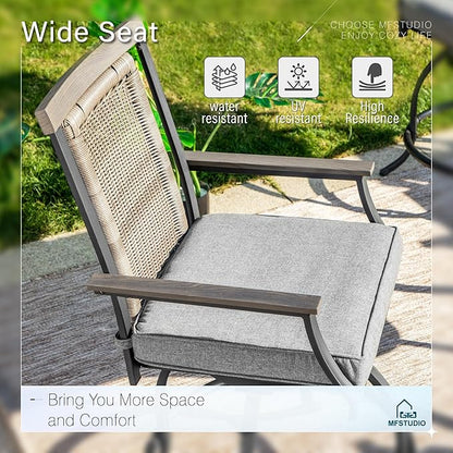 MFSTUDIO Outdoor Bar Set of 5 with 4 Swivel Rattan Backrest Metal Patio Bar Stool and 1 Square Metal Table, All Weather Resistant Patio Table and Chair Set
