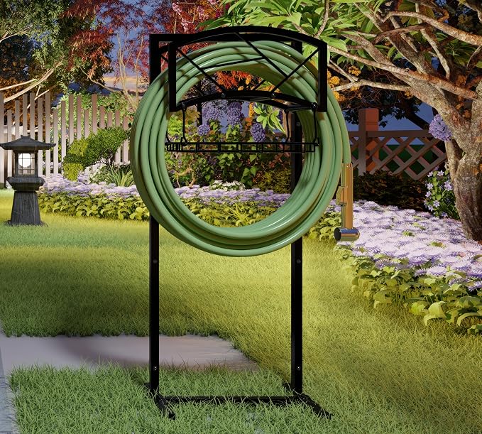Fire Beauty Heavy-Duty Portable Garden Hose Holder with Storage Basket,80+ lbs Capacity, Modern Geometric Design, Holds 180ft 1/2" Hose,Dual Support Rods & Rustproof Screws