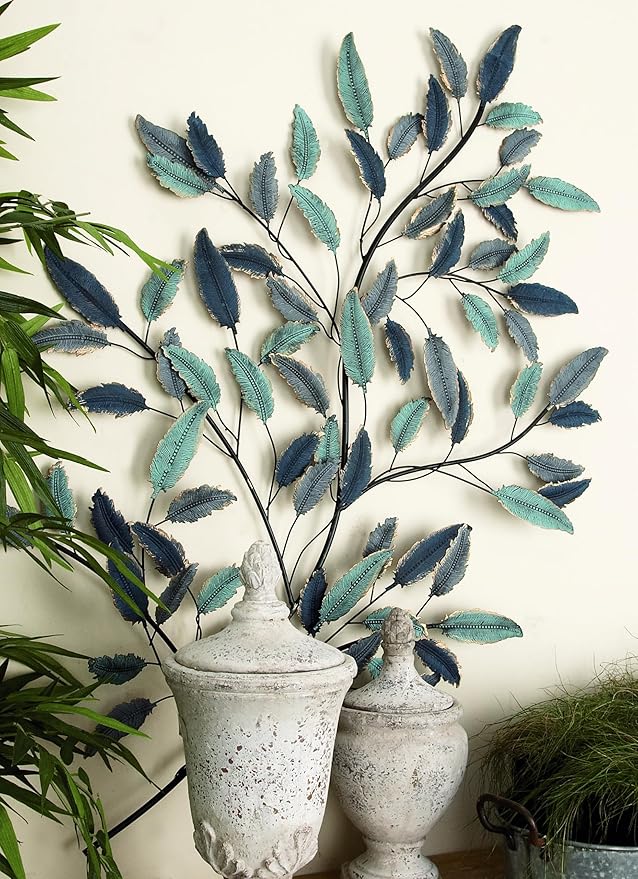 Deco 79 Metal Leaf Home Wall Decor Wall Sculpture with Black Stems, Wall Art 31" x 2" x 45", Blue