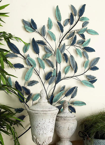 Deco 79 Metal Leaf Home Wall Decor Wall Sculpture with Black Stems, Wall Art 31" x 2" x 45", Blue