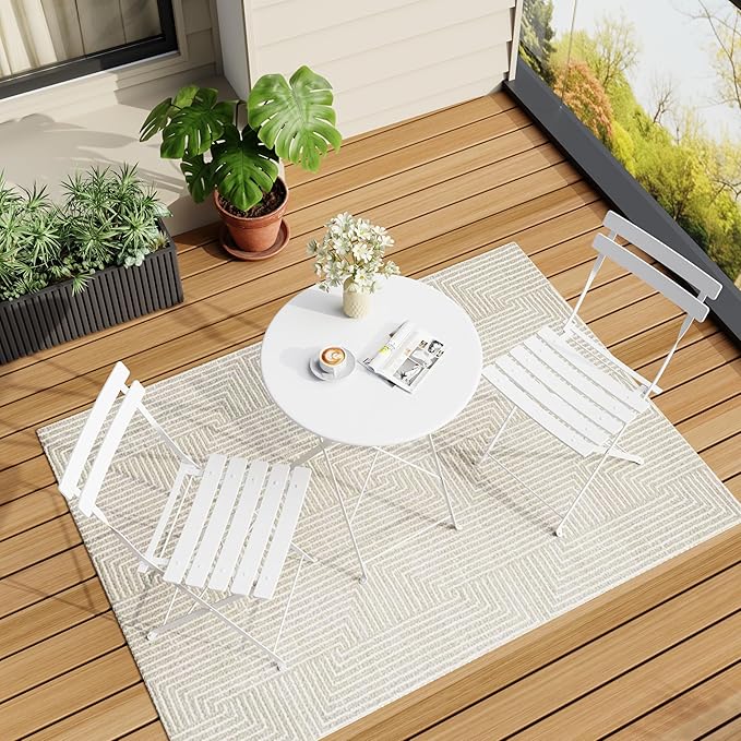 GarveeLife 3-Piece Folding Bistro Set, Foldable Patio Furniture Set with Premium Frame, Outdoor Bistro Table and Chairs Set of 2 for Patio, Garden and Balcony, White