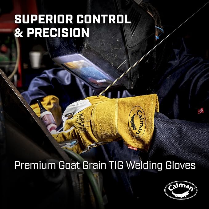 Caiman Premium Goat Grain TIG/Multi-Task Welding Gloves, Split Cowhide Back, 4-Inch Extended Cuff, White/Gold, Large (1540-5)