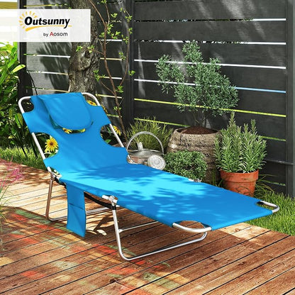 Outsunny Chaise Lounge Chair Outdoor w/Face Arm Hole Light Blue | 5-Position Reclining, Face Down, Carry Strap, Side Pocket, Portable, Folding Tanning Bed Cot, for Patio Beach Pool