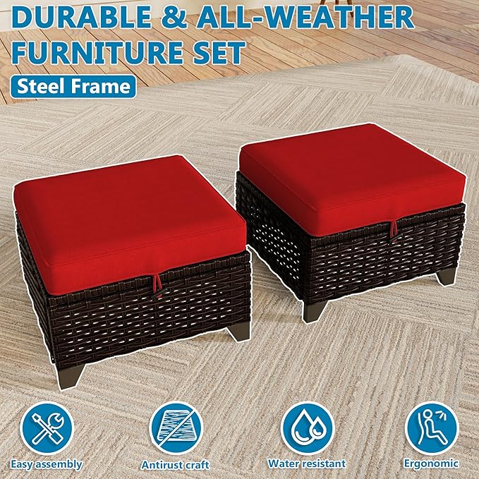 VistaVibe 2 Pieces Patio Wicker Ottomans, Luxurious Footstools, Outdoor Small Footrest, Wicker Furniture with Removable Cushions,All-Weather PE Rattan, Garden, Backyard, Porch(Brown/Red)