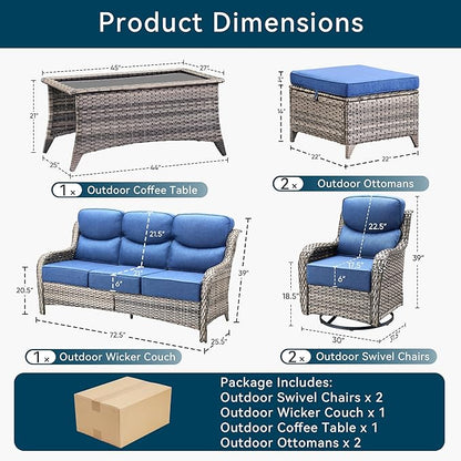 Luxury High Back Outdoor Furniture with 6-Inch Thick Cushions, Patio Furniture Set with Swivel Chairs, 6 PCS Wicker Conversation Set for Porch, Balcony, Deck and Yard
