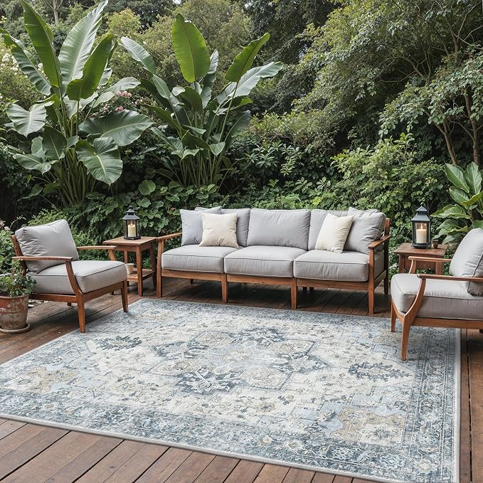 GENIMO Indoor & Outdoor Area Rug 8'x10', Waterproof, Non-Shedding, Easy Cleaning, Boho Mat for Patio, Living Room, Balcony, Dining Room, RV, Deck, Bedroom, Camping, Outside Carpet, Blue