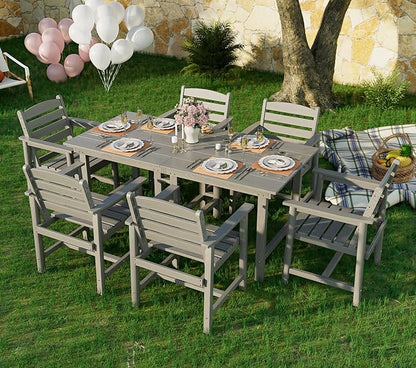 Anbuy Patio HDPE Dining Table Set, 7-Piece Outdoor Dining Table Sets, 2 in 1 Convertible Table and 6 Outdoor Chairs Outdoor All-Weather Furniture Set Gray