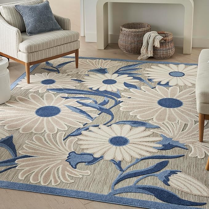 Nourison Home Aloha 108x144 Contemporary Fabric Rug in Blue/Gray Finish