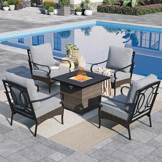Sophia & William Patio Furniture Set with Fire Pit Table, 5 PCS Metal Outdoor Conversation Set Sofa Couch with Fire Pit Table, 4 Sofa Chairs for Outdoor Seating,Backyard,Porch(Grey)