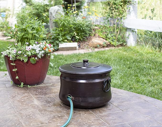 BIRDROCK HOME Water Hose Holder - Decorative Metal Pot, Indoor or Outdoor, Garden Storage Organizer, Patio Portable Bucket - Distressed Bronze, Holds up to 200ft Hoses, Large with Lid
