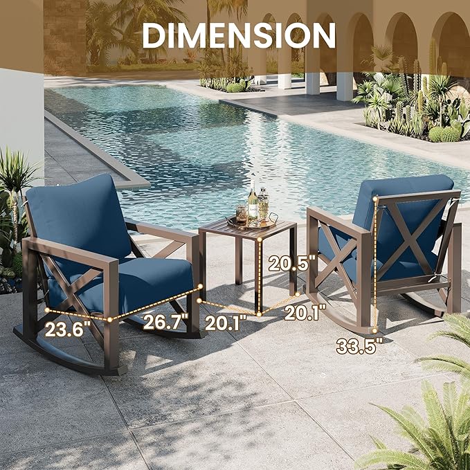 UDPATIO Rocking Chair Outdoor Set 2 with Coffee Table, 3 Piece Metal Rocking Bistro Set with 6.5" Water-Resistant Cushions, Oversized, 350lbs Heavy-Duty, for Porch, Patio, Balcony, Navy