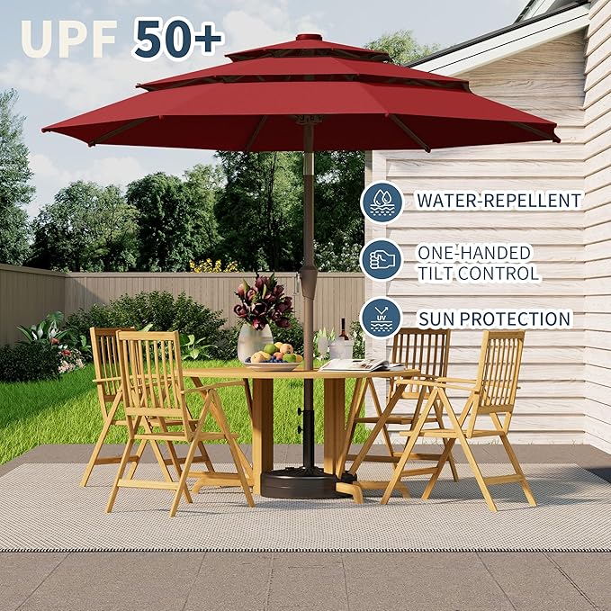 9FT 3 Tiers Patio Umbrella With Auto Tilt And Crank, Outdoor Table Market Umbrella with 8 Sturdy Ribs for Garden, Lawn, Deck, Backyard and Pool (Red)