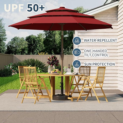 9FT 3 Tiers Patio Umbrella With Auto Tilt And Crank, Outdoor Table Market Umbrella with 8 Sturdy Ribs for Garden, Lawn, Deck, Backyard and Pool (Red)