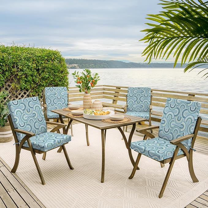 Arden Outdoor Patio Dining Chair Cushion, 20x44, Rain-Proof Seat Pad, Fade-Resistant Outdoor Cushion Coastal Blue Geometric