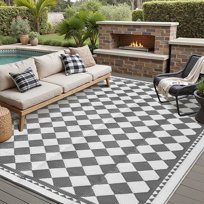 HUGEAR Outdoor Waterproof Rug 9'x12' Plastic Straw Rugs Washable Reversible Floor Mat Grey Plaid Carpet for Camping RV Deck Entryance Porch Picnic Balcony Beach Backyard