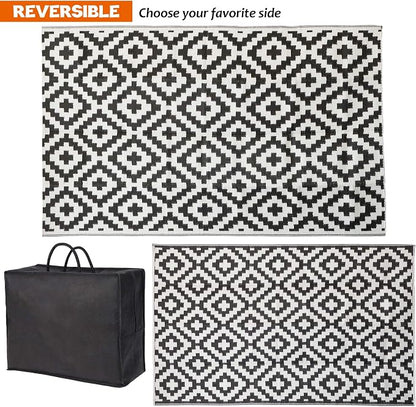 SAND MINE Waterproof Outdoor Rug 5x8 ft, Plastic Reversible Rug, Modern Area Rug, Large Floor Mat for Outdoors, RV, Patio, Backyard, Deck, Picnic, Beach, Camping (5' x 8', Black & White Lattice)