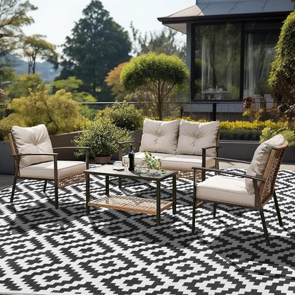 SAND MINE Waterproof Outdoor Rug 8x10 ft, Plastic Reversible Rug, Modern Area Rug, Large Floor Mat for Outdoors, RV, Patio, Backyard, Deck, Picnic, Beach, Camping (8' x 10', Black & White Lattice)