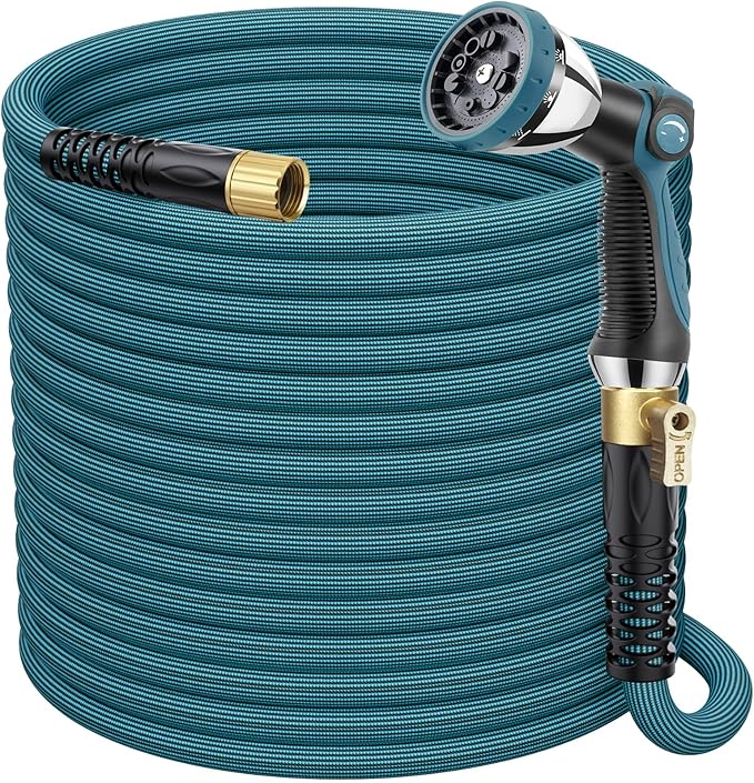 FlexiSolve Garden Hose 75 ft, Non-Expandable Lightweight Water Hose, 360° Swivel Anti-Kink Fittings, 10-Pattern Spray Nozzle & Shut-Off Valve, Flexible Water Hose for Yard, Lawn, Car Wash, Blue