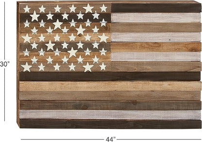Deco 79 Wood American Flag Handmade Home Wall Decor Washed Wall Sculpture with Slatted Panels and Cream Stars, Wall Art 44" x 2" x 30", Brown