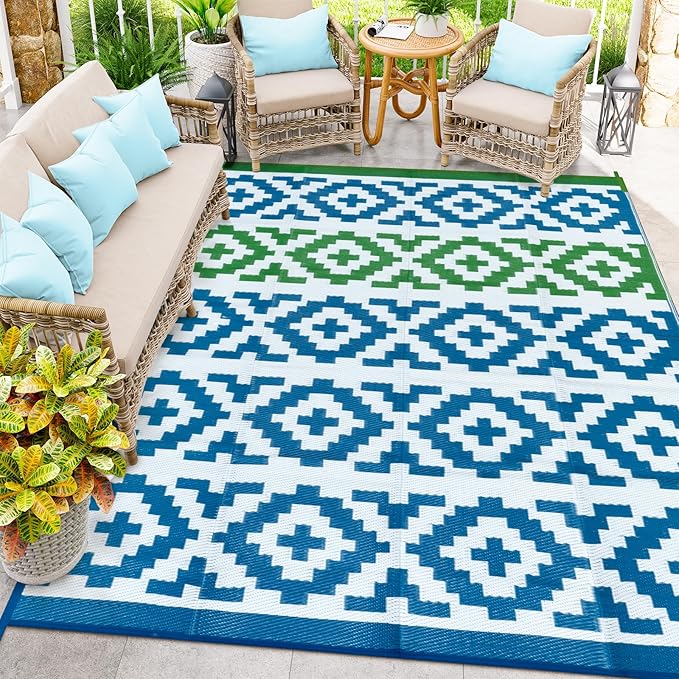 Anidaroel Camping Rug for Outside RV, 8x10 Waterproof Outdoor Rug for Patio Clearance, Reversible Plastic Straw Outside Area Rug for Deck, Camper, Backyard, Picnic(Blue&Green, 8‘x10')