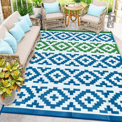 Anidaroel Camping Rug for Outside RV, 8x10 Waterproof Outdoor Rug for Patio Clearance, Reversible Plastic Straw Outside Area Rug for Deck, Camper, Backyard, Picnic(Blue&Green, 8‘x10')