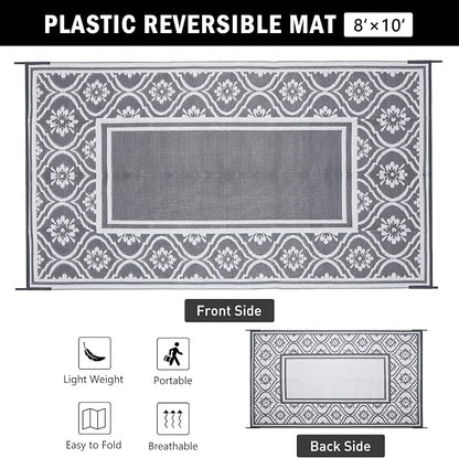 HUGEAR Outdoor Rug 8x10 Patio Waterproof Mat Camping Carpet Outside Area Rug Reversible Grey Rugs for RV Deck Entryance Porch Picnic Balcony Beach