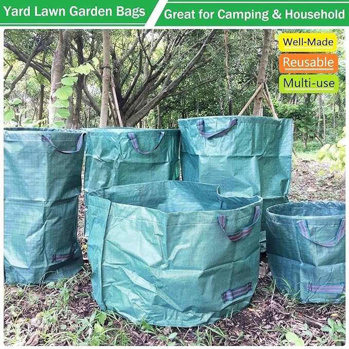Standard 3-Pack 32 Gallon Lawn Garden Bags (D18,H30 inch) Yard Waste Bags with Gardening Gloves - Reusable Leaf Bags,Yard Debris,Trash Container,Plant Trimmings Bag,Grass Clippings,Weeds Bag 4 Handles