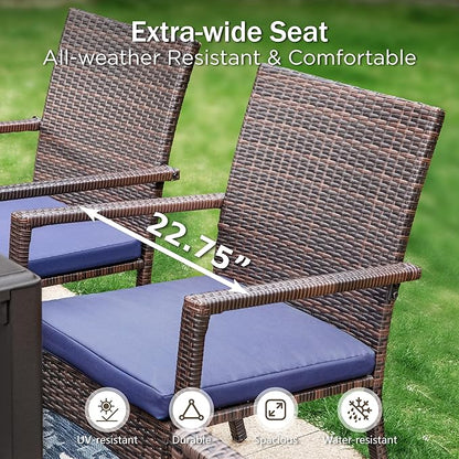 PHI VILLA 7 Piece Outdoor Expandable Dining Table Set for 6, Extendable Rectangular Metal Steel Table and Cushioned Rattan Chairs for Patio, Deck, Yard