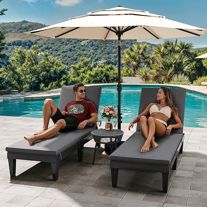 YITAHOME Outdoor Chaise Lounge Chair, Plastic Pool Chaise Lounge with Cushions & 5-Position Backrest, Easy Assembly & Waterproof for Patio & Poolside, Set of 2, Grey