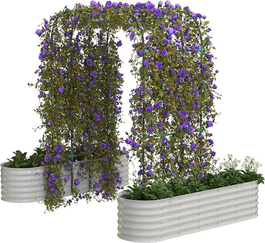 Expandable Arch Trellis Raised Bed Kit – 95" Metal Garden System with Vertical Netting, Plant Ties, and Drainage Design for Vegetables, Flowers, and Vines (Rust-Proof Beige)