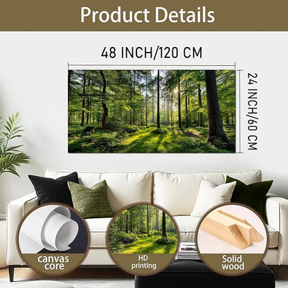 Tarfupth Large Forest Wall Art for Living Room Green Woodland Landscape with Sunlight Modern Nature Wall Decor for Bedroom Office Home Decor 24"x48"