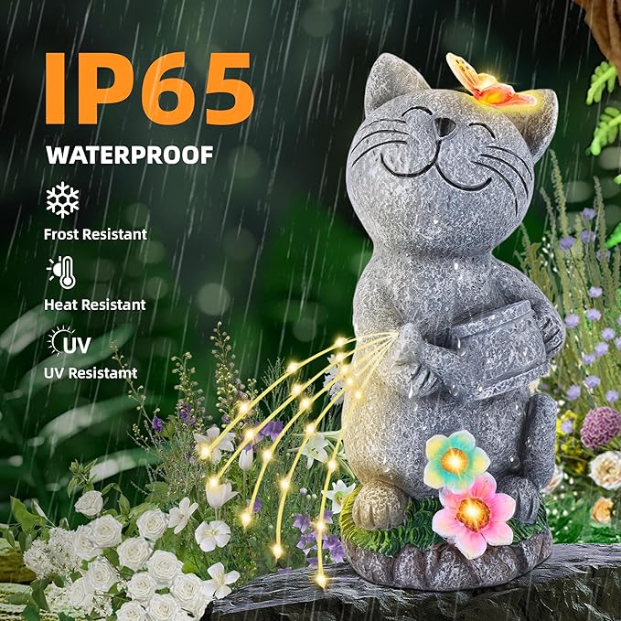 Solar Garden Cat Decor, Animal Statue Outdoor Lights, Mothers Day Birthday Housewarming Gifts for Mom Grandma Women Sister Wife Lady Lover-Patio, Porch, Yard, Balcony Decorations, Lawn Ornaments.