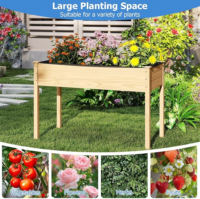 COSTWAY Raised Garden Bed, Elevated Wood Planter Box Stand with Legs for Vegetables, Flowers & Herbs, Standing Growing Bed for Backyard, Patio, Balcony, 47" x 22.5" x 30", Natural