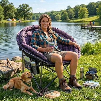 Oversized XXL Folding Round Camping Chairs,Comfy Padded Moon Camp Chairs,Heavy Duty Supports 400 Lbs Outdoor Lawn Chairs for Adults,Perfect for Indoor,Family Hiking,Picnics and Garden,Purple Plaid