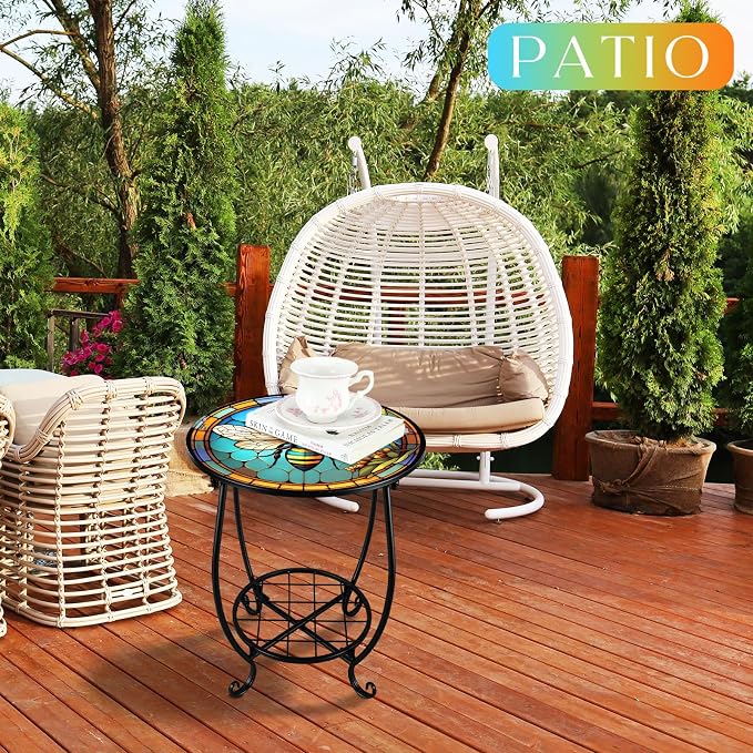 Cinnvoice Outdoor Side Table Round Small Mosaic Patio Accent Indoor End Plant Coffee Tea Table for Yard Patio Porch Garden Living Room, Bedroom(Bee Style,14 Inch)