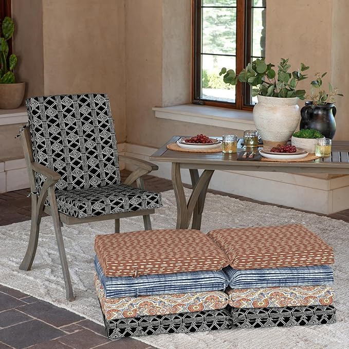 Arden 4-Pack Outdoor Patio Dining Chair Cushion, 20x44, Rain-Proof Seat Pad, Fade-Resistant Outdoor Cushion Black Global Stripe