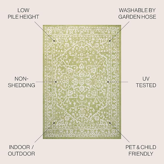 JONATHAN Y Boho Medallion Indoor Outdoor Area Rug 9X12 Green/Cream, Malta Textured Weave for Backyard, Patio, Porch, Easy-Cleaning, High Traffic, Pet-Friendly, Non-Shedding (SMB104D-9)