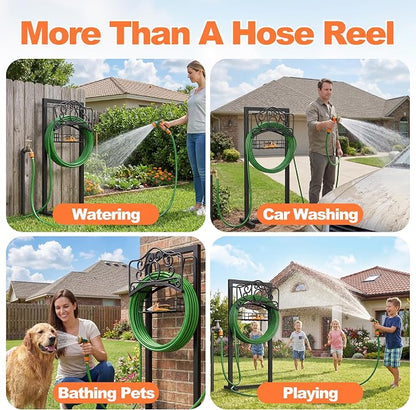 Garden Hose Holder, Upgraded Heavy Duty Water Hose Holder Stand with Storage Basket Holds 160FT, Freestanding Hose Hanger for Garden, Black