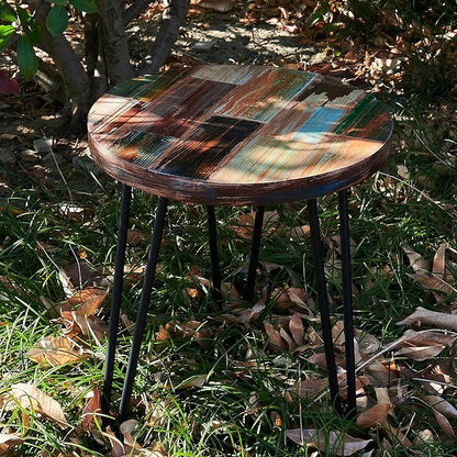 Reclaimed Wood Multi Color Side Table 17.5" x 17.5" x 20" H Wooden Accent Coffee Tables Round Vintage Rustic Plant Stand Outdoor Patio End Table Living Room Bedroom