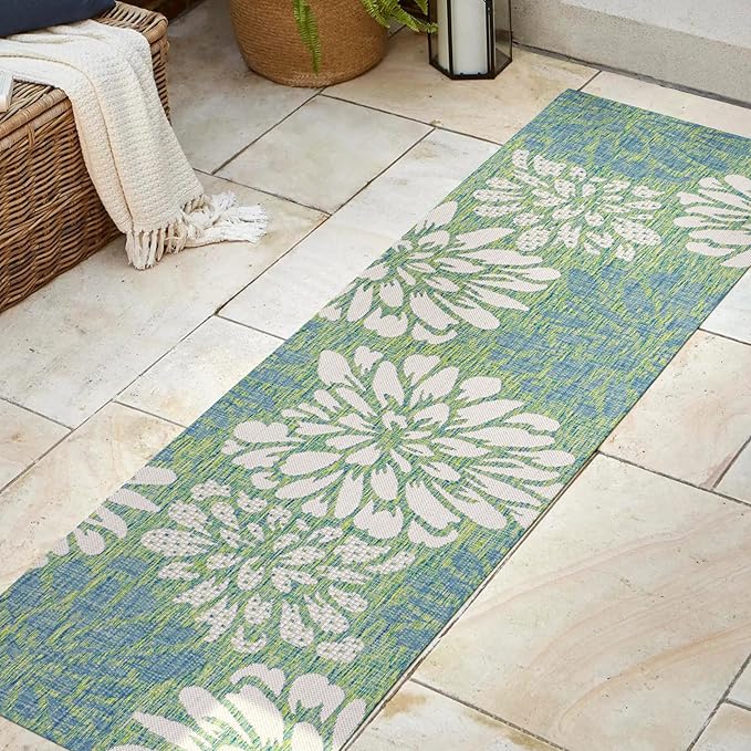 JONATHAN Y Floral Textured Weave Indoor Outdoor Runner Rug 2X8 Cream/Green, Zinnia Modern for Backyard, Patio, Porch, Easy-Cleaning, High Traffic, Pet-Friendly, Non-Shedding (SMB110D-28)