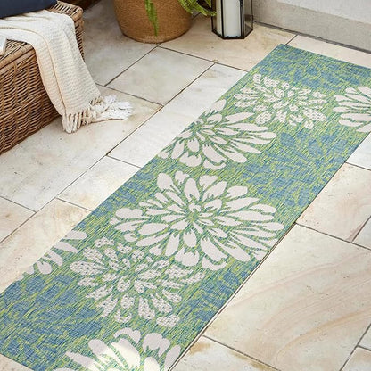 JONATHAN Y Floral Textured Weave Indoor Outdoor Runner Rug 2X8 Cream/Green, Zinnia Modern for Backyard, Patio, Porch, Easy-Cleaning, High Traffic, Pet-Friendly, Non-Shedding (SMB110D-28)
