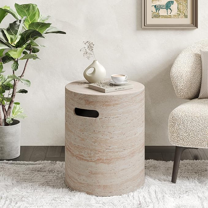 Christopher Knight Home Jaym 18.5" H Indoor Outdoor Accent Side Table, Patio Decorative End Table, Round Lightweight Concrete Garden Stool for Patio Balcony & Garden Decor, Travertine