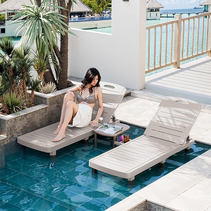 WACASA Outdoor Chaise Lounge Chairs, Oversized Lounge Chairs with 5-Level Adjustable Backrest & Cup Holder, Resin Waterproof Pool Lounge Chair for Patio, Beach, Yard, Gray